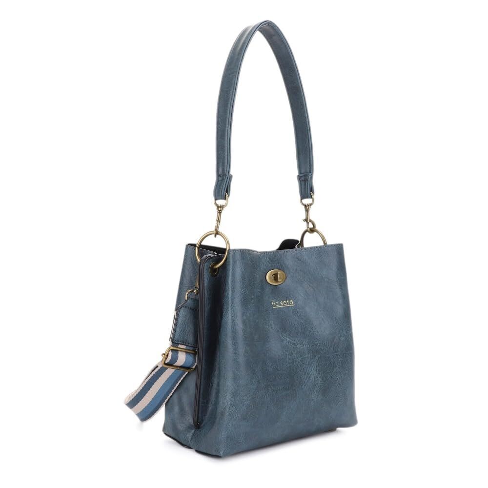9208 Lola Blue Vegan Leather Interchangeable Handles Crossbody Bucket Bag